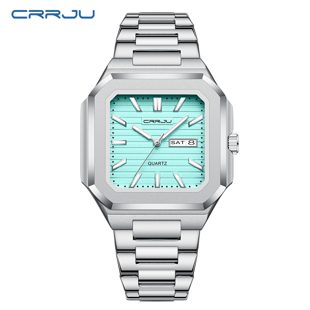 CRRJU 남성용 캐주얼 스테인레스 스틸 시계, 요일  - Smartwatch Square Watches For Men 리뷰 및 가격