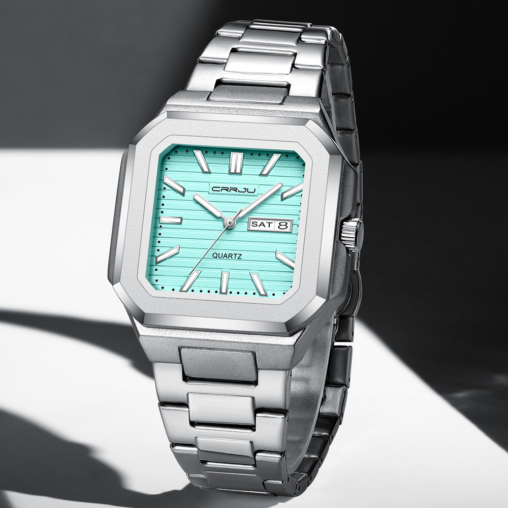 CRRJU 남성용 캐주얼 스테인레스 스틸 시계, 요일  - Smartwatch Square Watches For Men 리뷰 및 가격