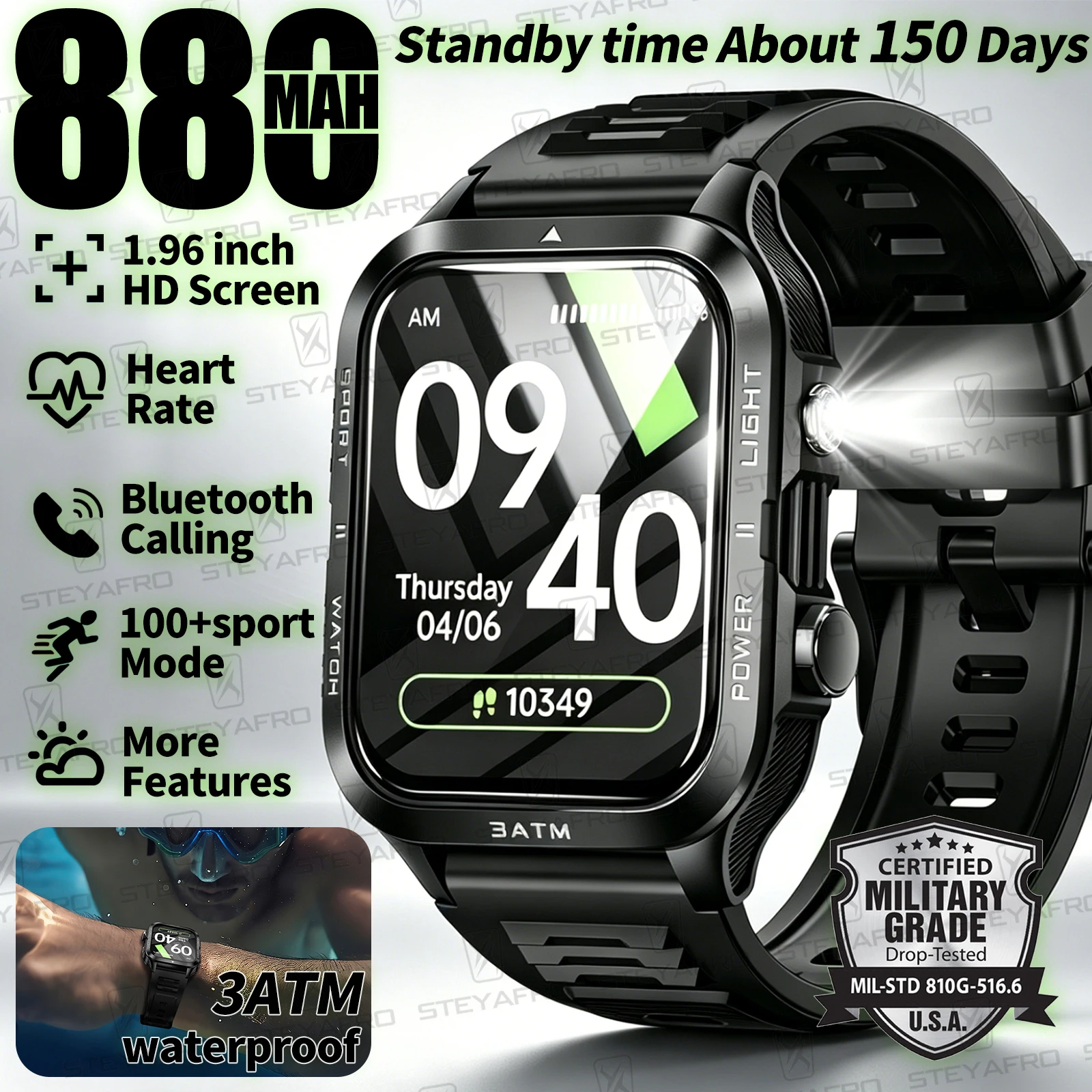 군용 등급 스마트워치 남성용 LED 손전등 방수 스포츠 - Smartwatch Square Watches For Men 리뷰 및 가격